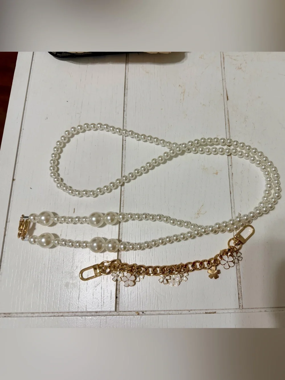 Set of Bag Chains - Pearl Beaded and  Gold Floral Chain